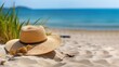 Hat lies on the sand on the beach in the shade of a palm tree Vacation and recreation
