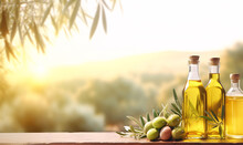 Virgin Olive Oil With Picked Green Olives Arranged On The Table. Morning Sunny Rural Landscape With Olive Trees In The Background.