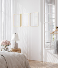 Mockup Poster Frame In White Luxury Bedroom Interior, 3d Render