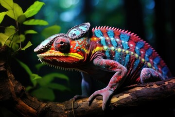 Colorful chameleon on a branch in the forest, Close up of bright chameleon on the branch on dark background, Ai generated