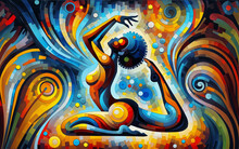 Abstract Painting Of A Woman In A Dynamic Pose Among Bright Colors And Shapes Doing Yoga
