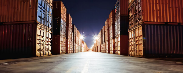 Stacked cargo containers in the storage area of freight sea port terminal, concept of export-import and national delivery of goods.