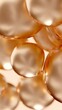 Golden cosmetic serum liquid bubbles macro close-up background. Concept moisturizer essence gel and collagen fluid bubble molecules. Glossy oil droplets 3D illustration product demo backdrop wallpaper