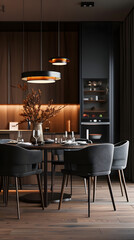 modern black kitchen and dining room