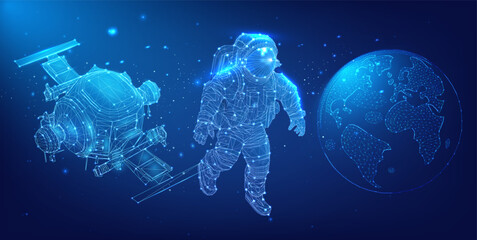  Visualization of space exploration elements with a digital astronaut, helicopter, and Earth globe in wireframe design. Digital Wireframe Space Exploration Trio: Astronaut, Helicopter, and Earth Globe