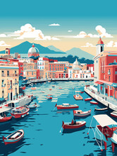 Illustration Of Naples Italy Travel Poster In Colorful Flat Digital Art Style