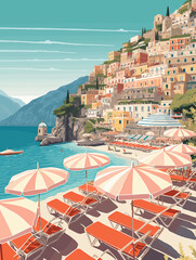 Illustration of Positano Italy Travel Poster in Colorful Flat Digital Art Style