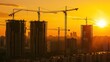 © pinkrabbit - Construction of new residential high-rise buildings. Against the background of a yellow sunset sky, crane, architecture, industrial, development, tower, gen AI