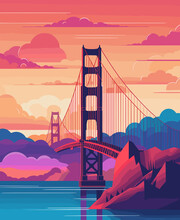 Illustration Of San Francisco USA Travel Poster In Colorful Flat Digital Art Style