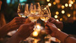 Friends Toasting with White Wine at a Cozy Evening Gathering - Celebration, Friendship, Togetherness, Enjoyment, Dinner Party, Relaxation, Lifestyle