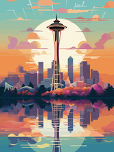 Illustration Of Seattle United States Travel Poster In Colorful Flat Digital Art Style