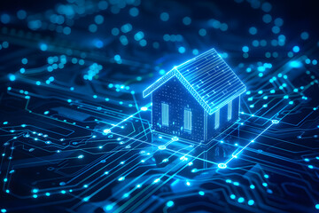 House with futuristic network connection technology big data. Blue neon background.