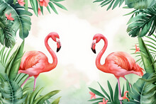 Cute Cartoon Flamingo Frame Border On Background In Watercolor Style.