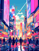Illustration Of Tokyo Japan Travel Poster In Colorful Flat Digital Art Style