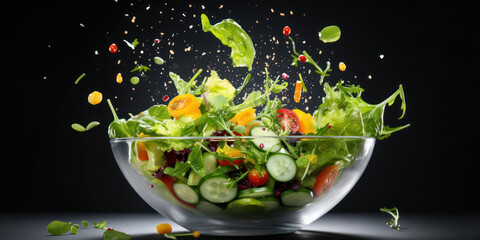 Wall Mural - Fresh and Healthy Green Salad: A Delicious Vegetarian Dish with Lettuce, Tomato, Cucumber, Onion, and Arugula, served in a Colorful Bowl on a Background of Organic Ingredients.