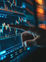 Stock market investment platform with graphical representation of ticker price trend and moving average lines, resulting in profit growth, accessed through virtual touch screen.