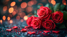 Enchanting Red Roses Bouquet With Dew Drops: Luxurious Valentine's Romance & Eternal Elegance - Ai Generated