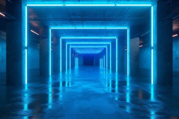 Sticker - Futuristic sci fi blue neon tube lights glowing in concrete room 3D Rendering