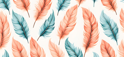 Wall Mural - Light blue and fuzz peach feather pattern on white background. Boho style. Banner format. Trendy design.