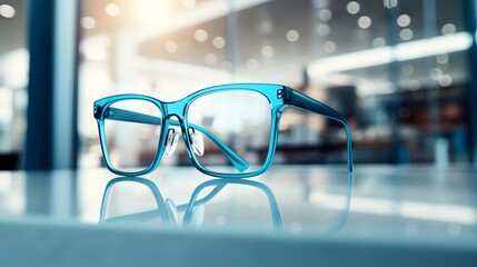 Wall Mural - Stylish framed eyeglasses with clear lenses showcased on a reflective surface against a blurred blue store interior.