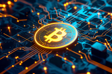 Wall Mural - Bitcoin cryptocurrency coin on a computer circuit board in neon colors