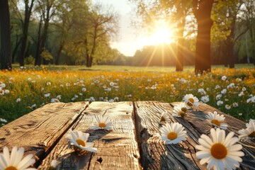 Poster - A wooden table in a field with daisies arranged on top.