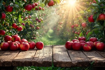 Poster - A wooden table covered in a bountiful display of vibrant red apples.