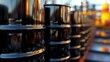 © Eireen - Metal barrel for black oil on blurred background. Chemical storage for petroleum products