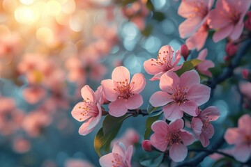 Poster - A close-up photo of pink flowers blooming on a tree branch.