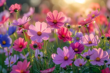 Poster - A vibrant field showcasing a multitude of pink and blue flowers in full bloom.