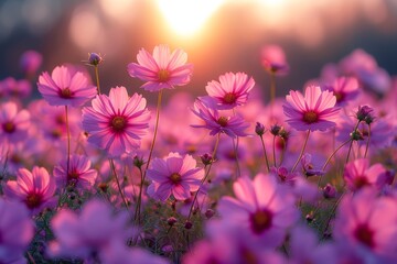 Sticker - A sunlit field filled with vibrant pink flowers.