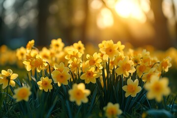 Canvas Print - Daffodil yellow flowers scattered across a grassy field