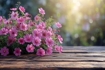 Poster - A bunch of pink flowers placed on a wooden table, creating a vibrant and colorful display.