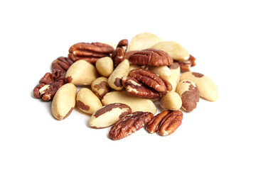 Wall Mural - Brazil nuts and peeled pecans mix isolated on white background. Tasty and raw nut medley