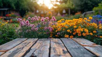 Sticker - A wooden table is surrounded by a vibrant array of colorful flowers in a beautiful outdoor setting.