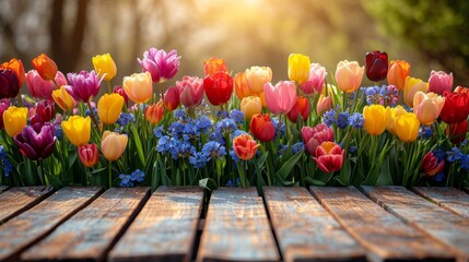 Poster - A wooden table adorned with a vibrant array of colorful spring flowers in full bloom.