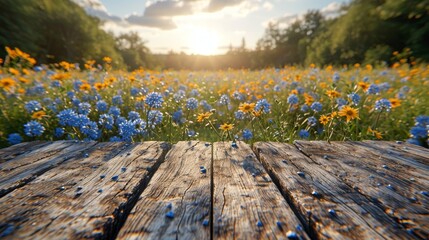 Sticker - A wooden table set against a vibrant field of flowers, creating a peaceful and natural setting.