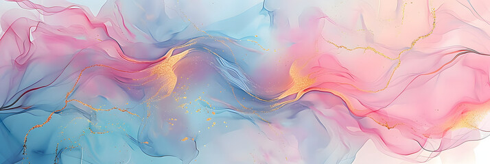 Wall Mural - abstract watercolor paint background illustration - soft pastel pink blue color and golden lines, wi