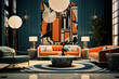 An Art Deco living room with bold graphic patterns
