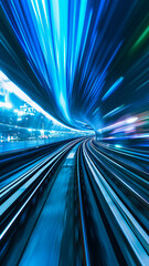 Acceleration speed on the railroad. Light and stripes fast motion blur.