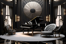 An Art Deco Music Room Featuring A Black Lacquered Grand Piano