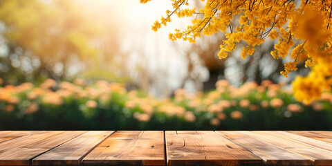 Wall Mural - Empty wooden table in front spring mimosa flowers blurred background banner  for product display in a coffee shop, local market or bar