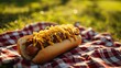 Loaded chili cheese hot dog on a picnic blanket