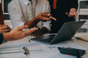 Co working conference, Business team meeting present, investor colleagues discussing new plan financial graph data on office table with laptop and digital tablet, Finance, accounting, investment.