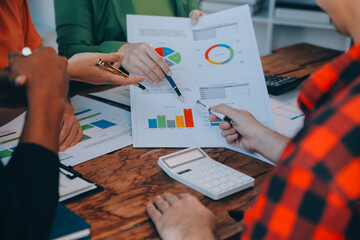 Co working conference, Business team meeting present, investor colleagues discussing new plan financial graph data on office table with laptop and digital tablet, Finance, accounting, investment.