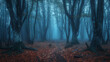 An ancient misty forest at twilight featuring gnarled trees and a carpet of fallen leaves.