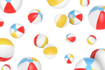 Poster - Many colorful inflatable balls falling on white background