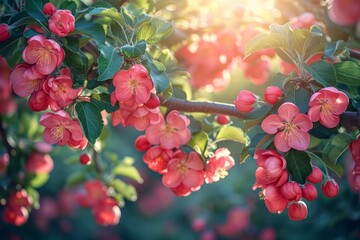 Wall Mural - A branch covered in pink flowers and green leaves against a sunny garden background.