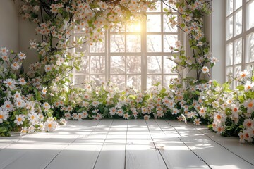 Wall Mural - An open window adorned with a profusion of colorful flowers creating a vibrant and lively scene.