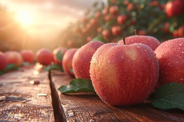 Poster - A group of ripe apples arranged neatly on top of a wooden table.